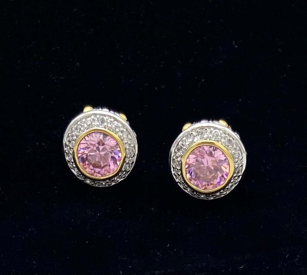 Pink Cubic Zirconia Halo Stud Earrings Two Tone 18K Gold Electroplated